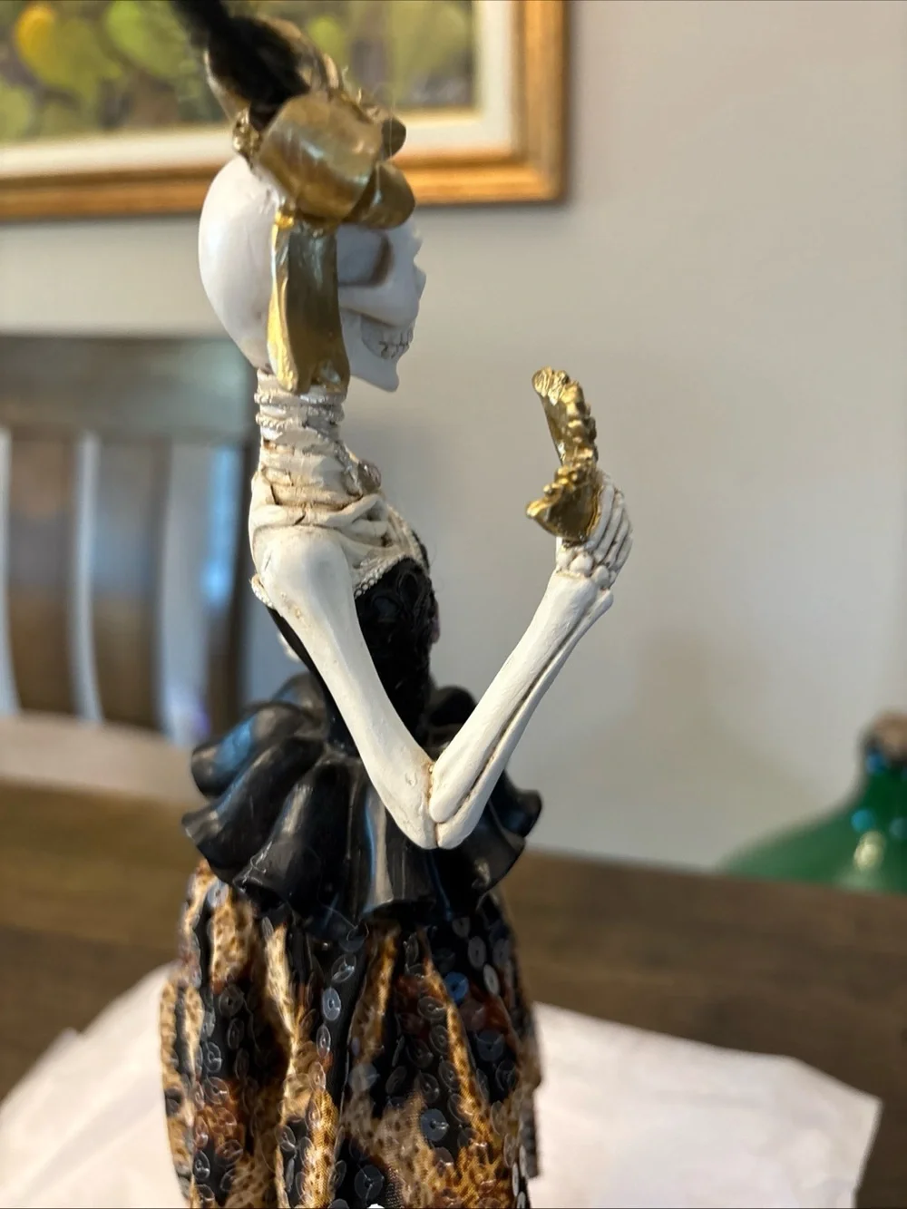 Bella Lux Halloween Skeleton Bow Mask Lady Figurine Leopard Sequin Dress